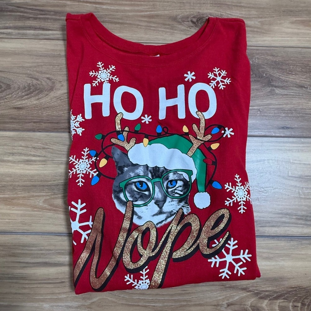 Women's Red Long Sleeve Cat "HO HO Nope" Christmas Shirt Top Size 3XL